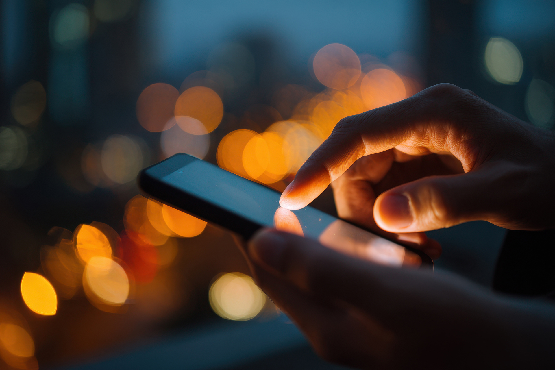 Point finger on screen phone closeup, person testing test message, touch blue screen on smartphone. Night Bokeh Light. Close-UP. Person using in hands mobile phone close up in the dark. Online wi-fi